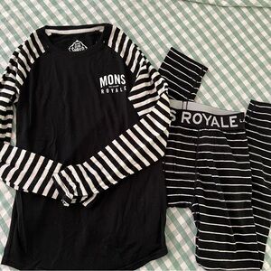 Mons Royale 100% Merino Wool Baselayer Set Kids Black White Stripe Size 12/13